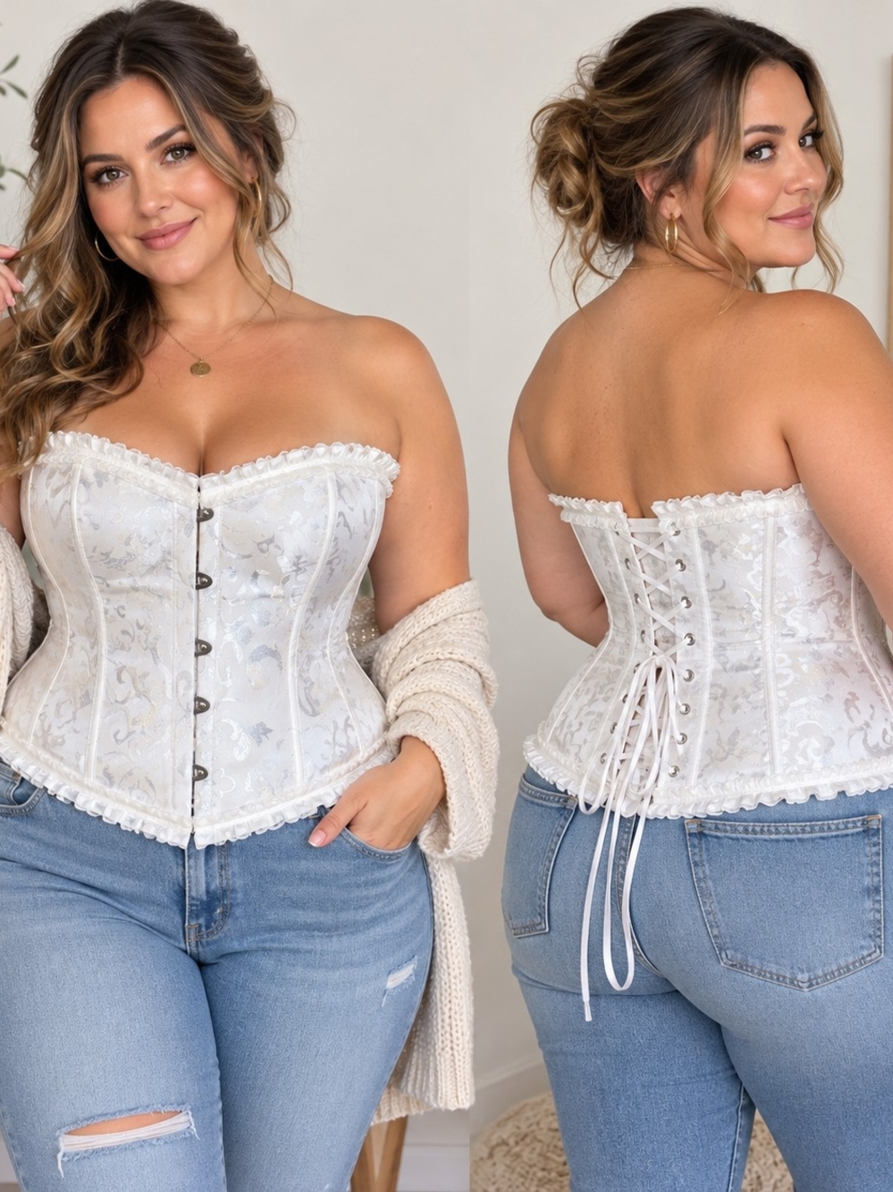 White Brocade Corset Top 1X Coquette Romantic Regencycore Lace-Up Bustier